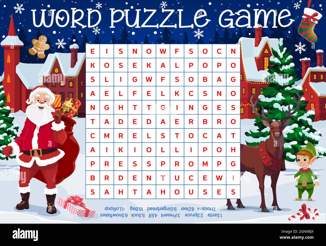 Merry Christmas Word Puzzle Worksheet With Santa And Reindeer Elf And Gingerbread Man Little Town Buildings Kids Quiz Or Riddle Game Educational Game Crossword With Christmas Cartoon Characters Image443307842