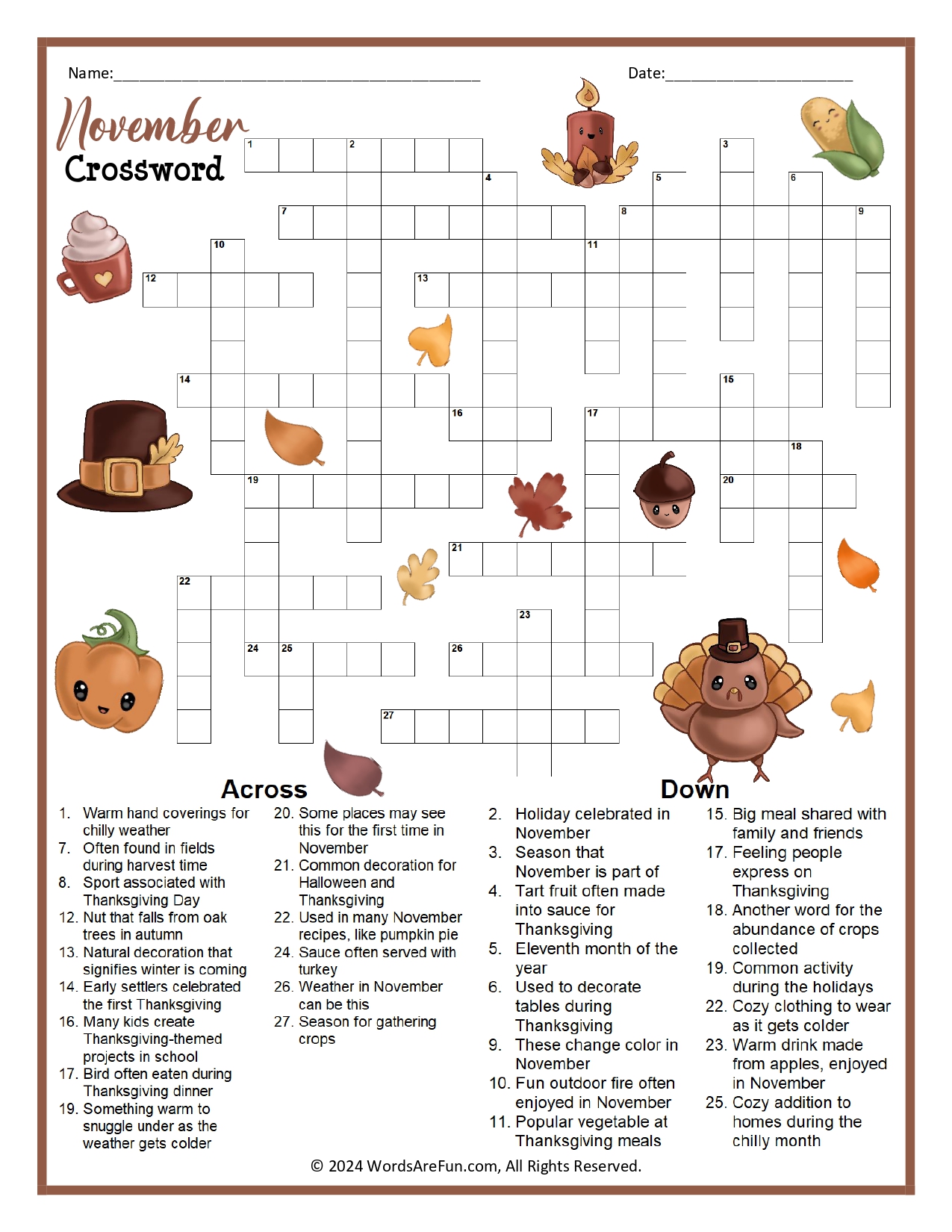 November Crossword Puzzle November Crossword Puzzle