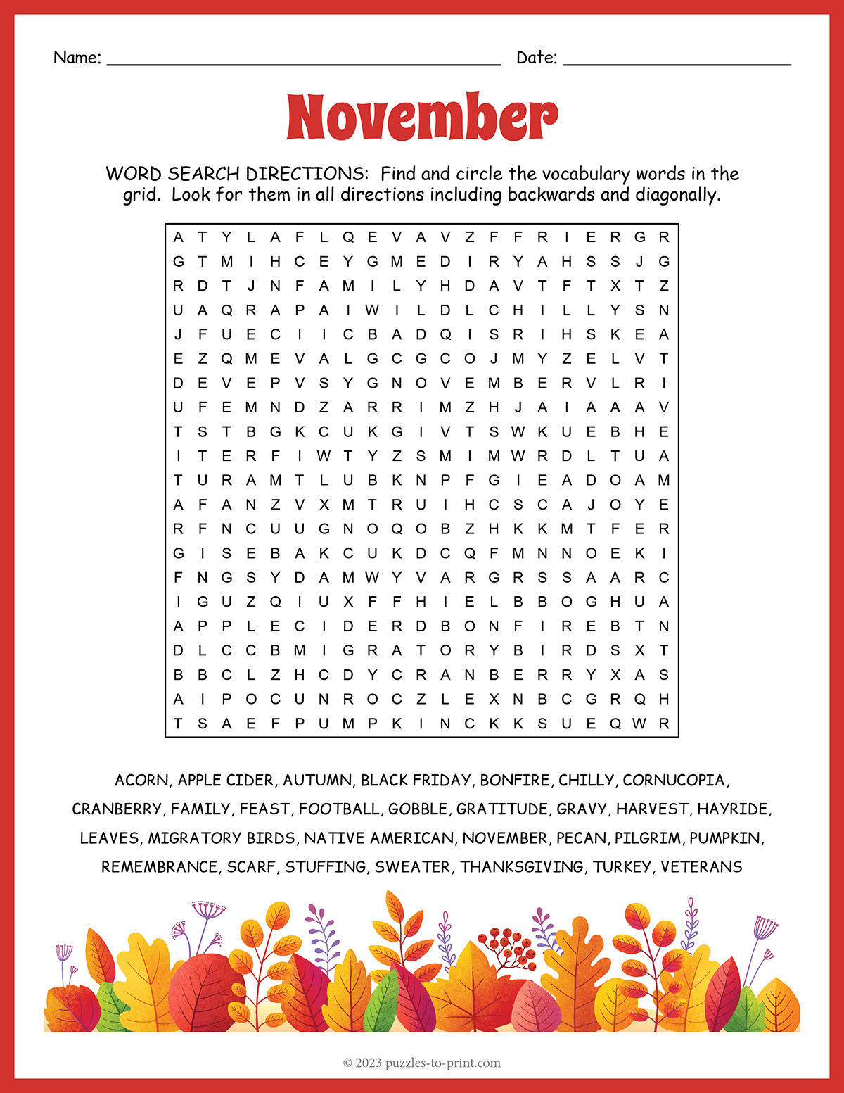 November Word Search shtml November Word Search shtml