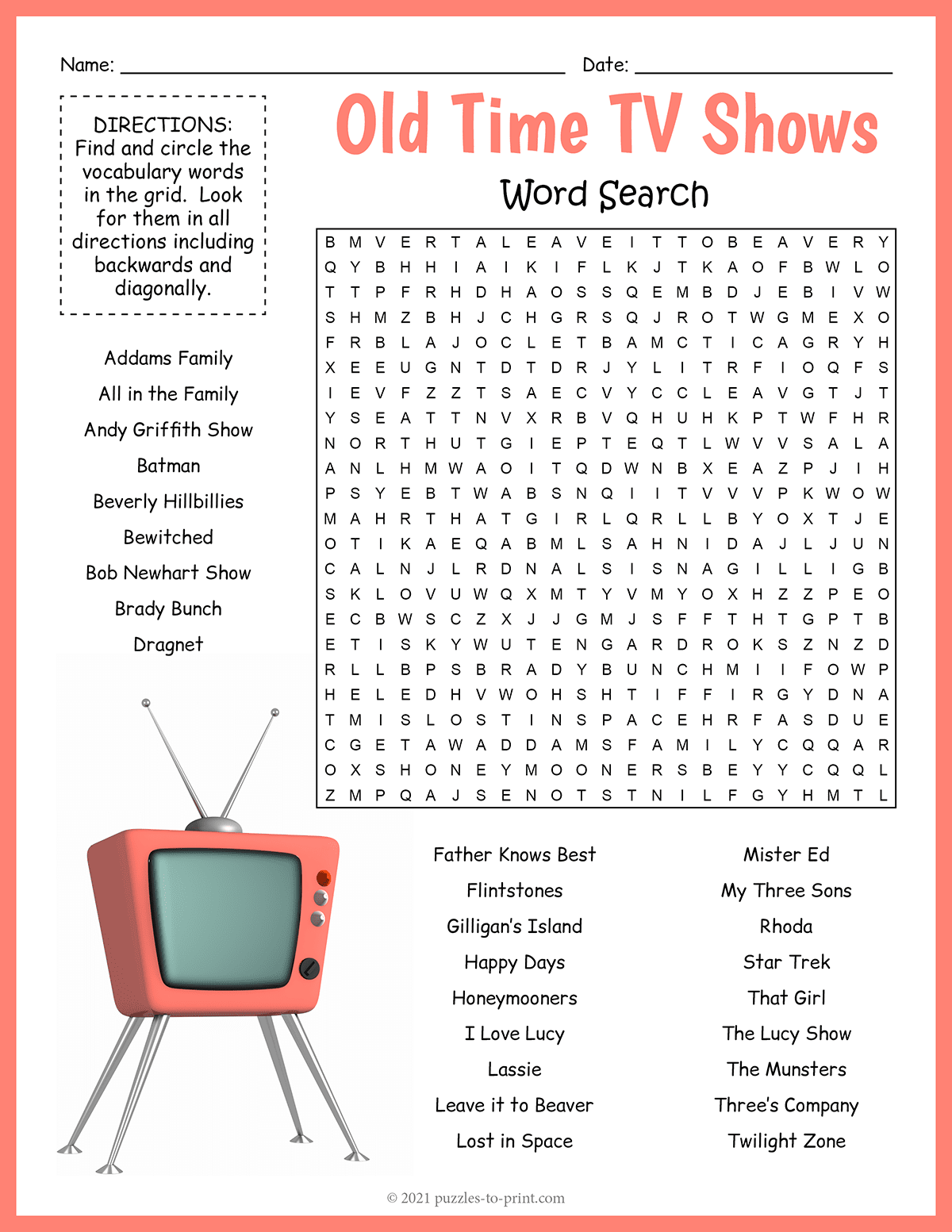 Old Time Tv Shows Word Search shtml