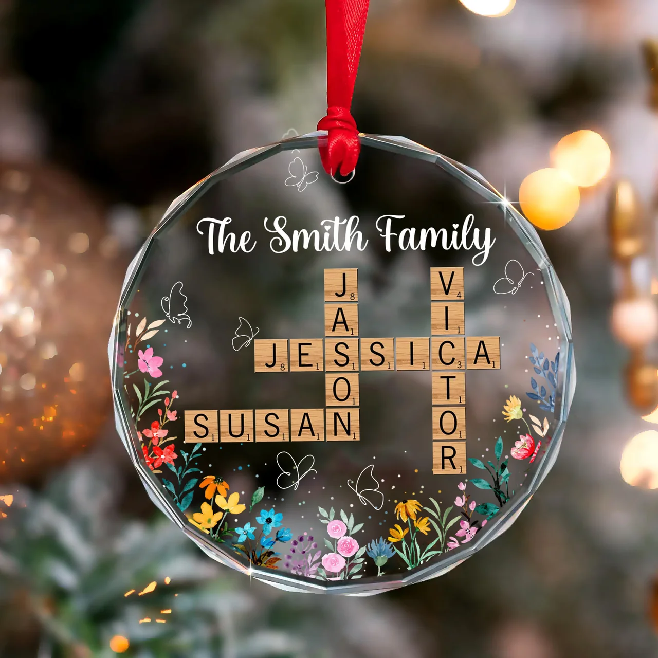 Personalized Glass Ornament Gift For Family Crosswords Family Floral Keepsake