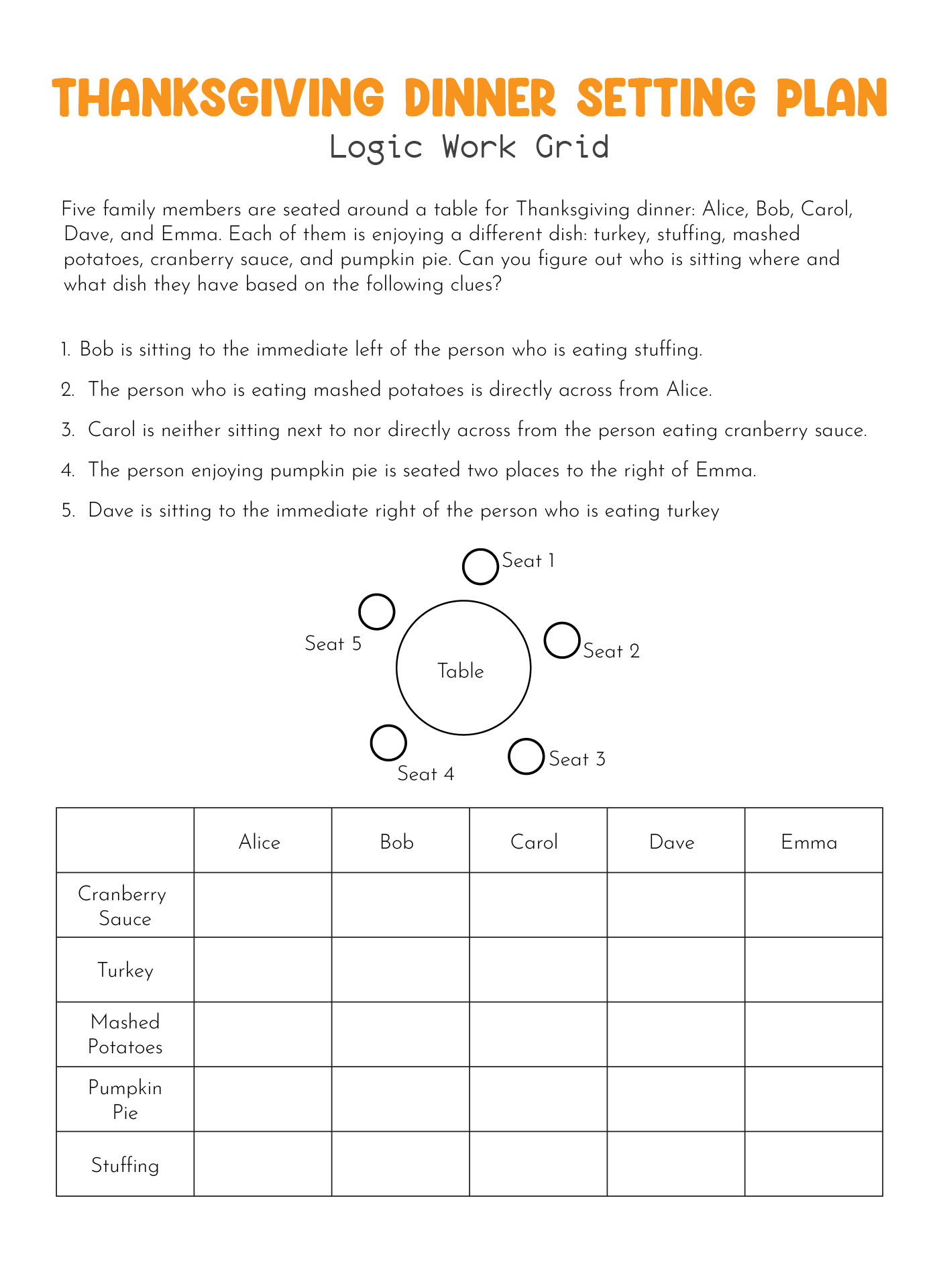 thanksgiving dinner logic puzzle answer key