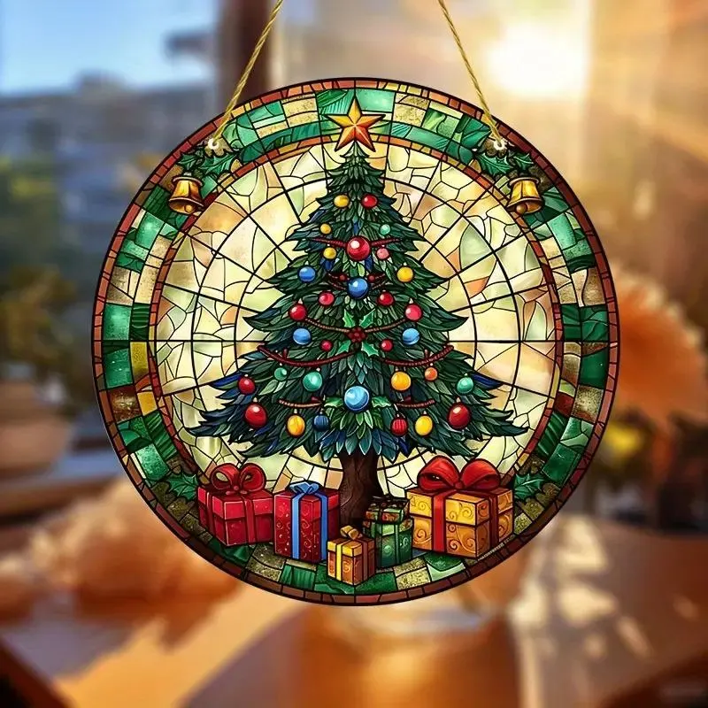Puzzle Warehouse Christmas Tree Stained Glass Suncatcher 8 Inch Round Festive Decor Window Hanging Vibrant Holiday Decoration For Home Office