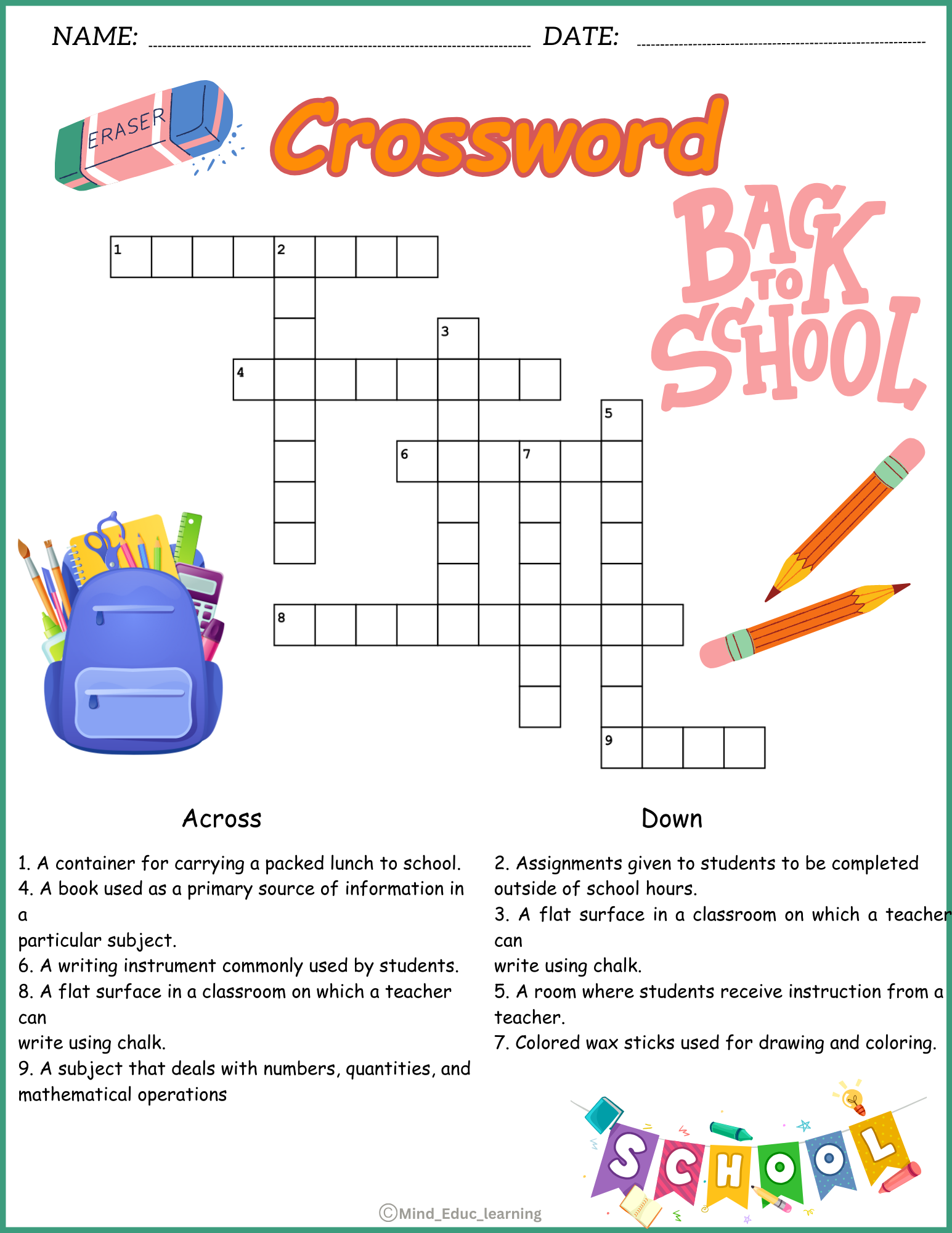 School Vocabulary Crossword Puzzle Worksheet Activity