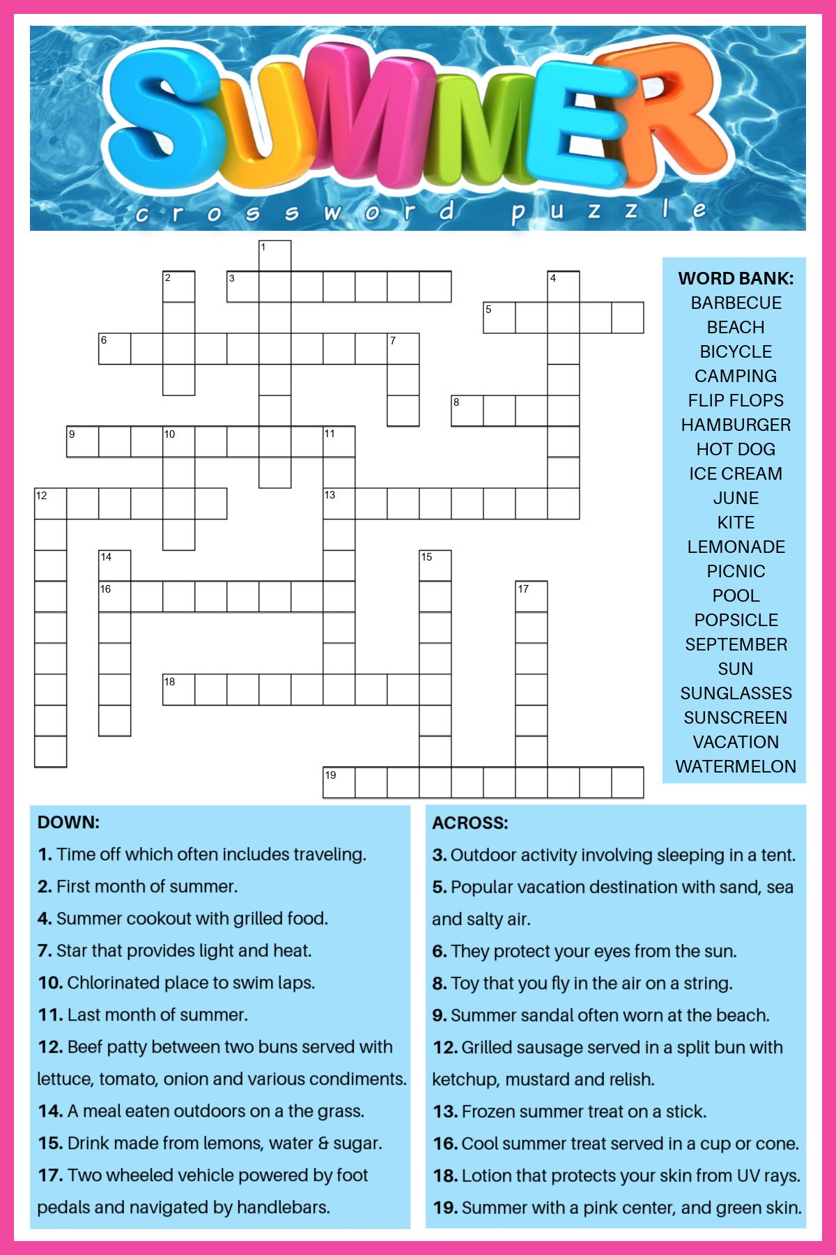 Summer Crossword Puzzle Summer Crossword Puzzle