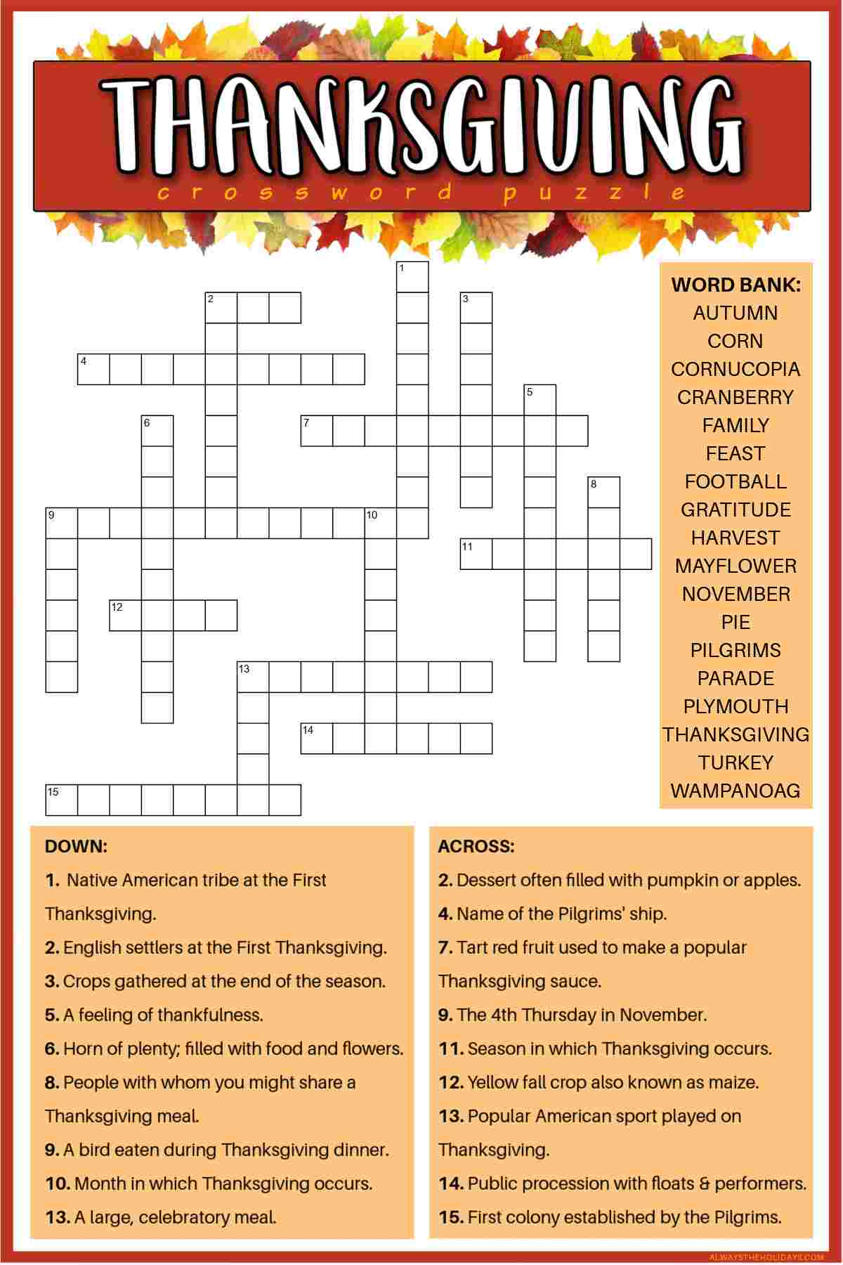 free printable thanksgiving crossword puzzles for kids