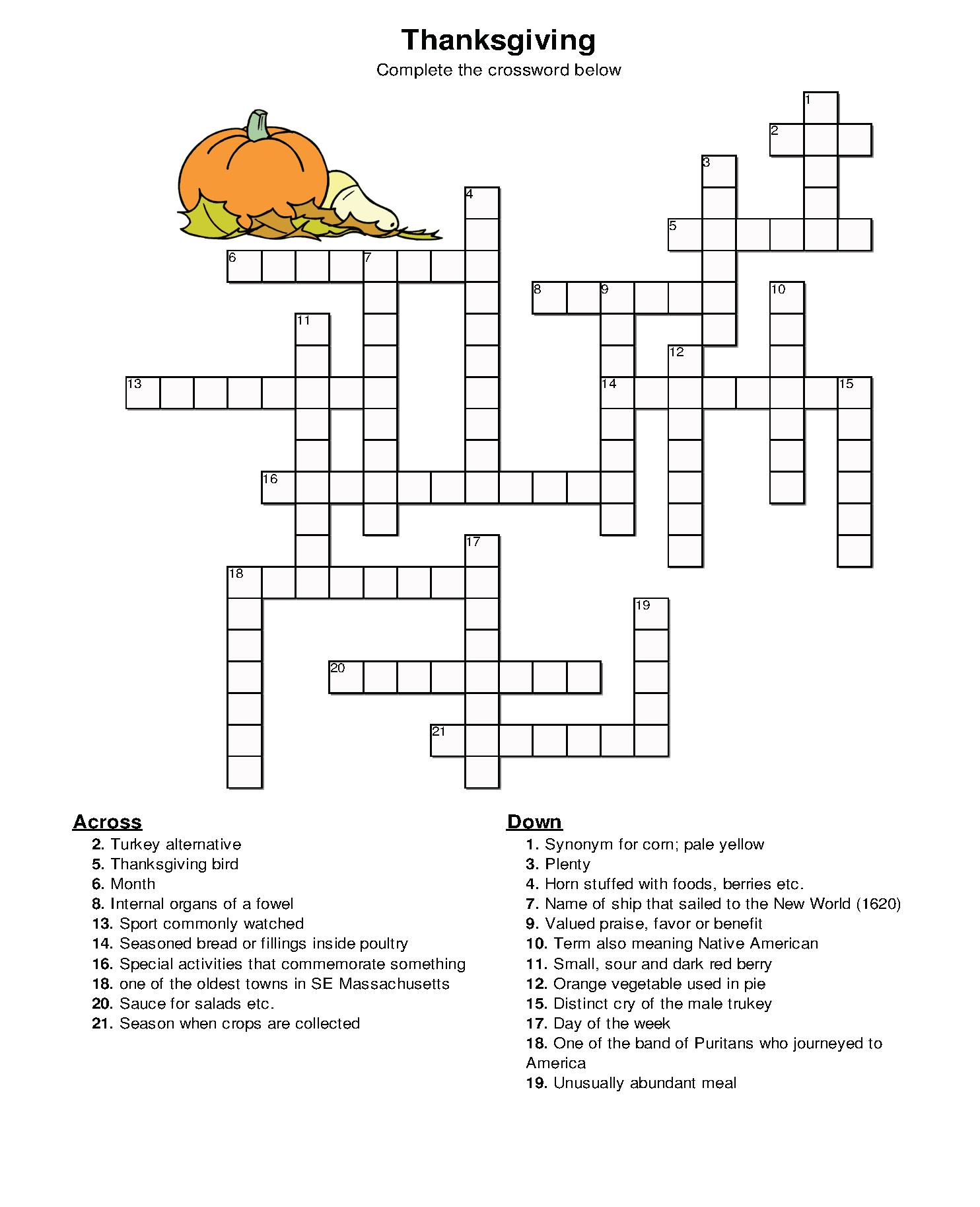 thanksgiving crossword puzzles with answers