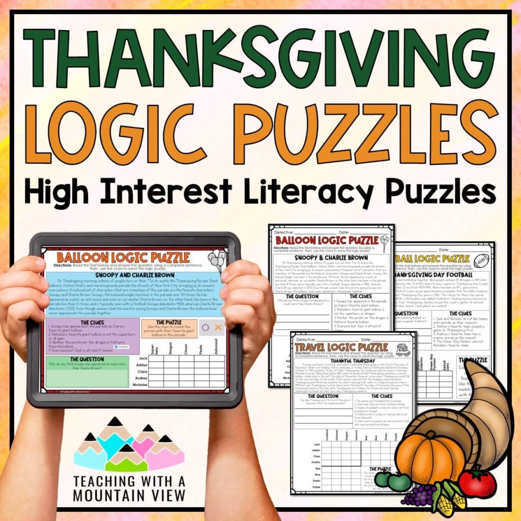 Thanksgiving Reading Logic Puzzles Activities For Enrichment Thanksgiving Reading Logic Puzzles Activities For Enrichment