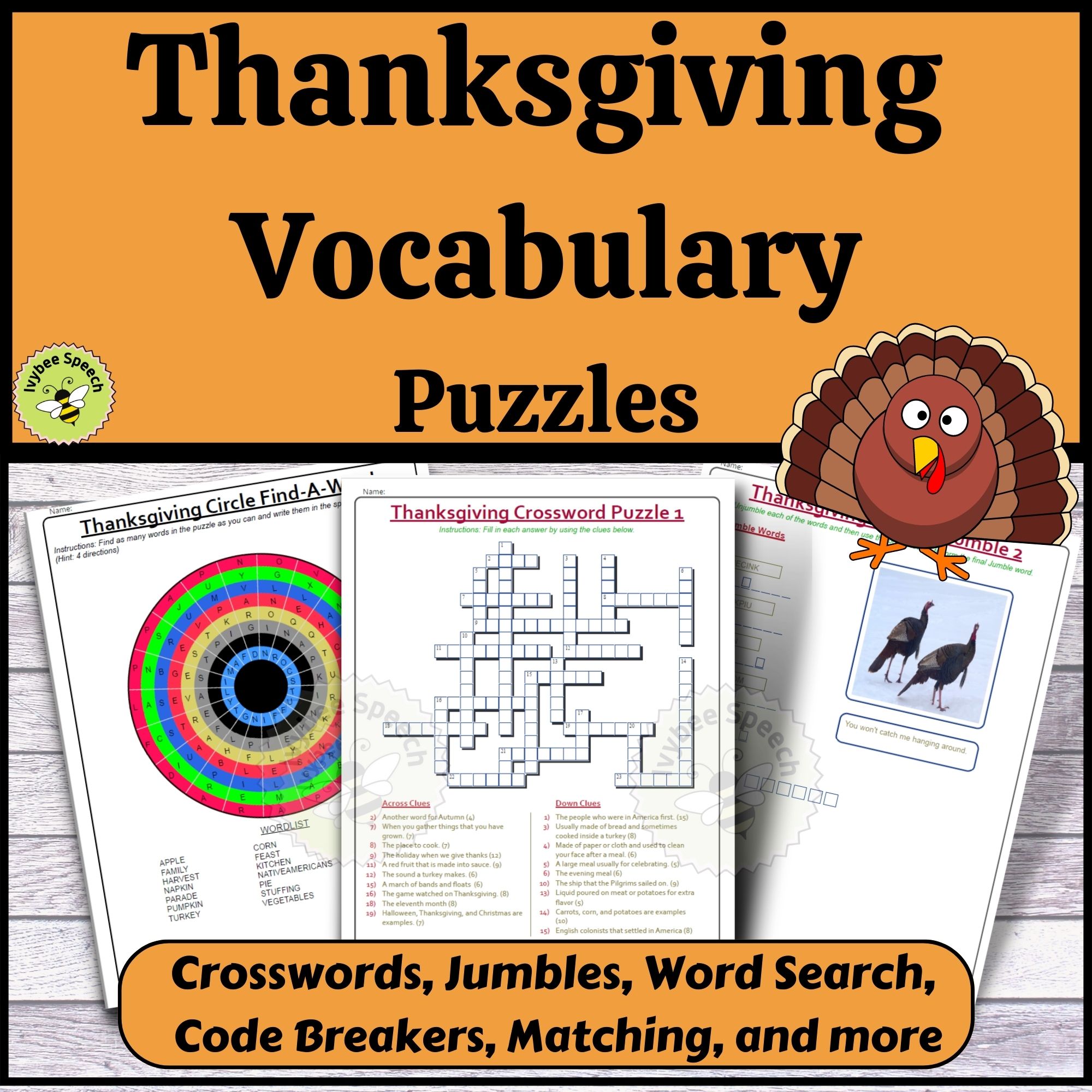Thanksgiving Vocabulary Puzzles Crosswords Word Searches Code Breakers Jumbles