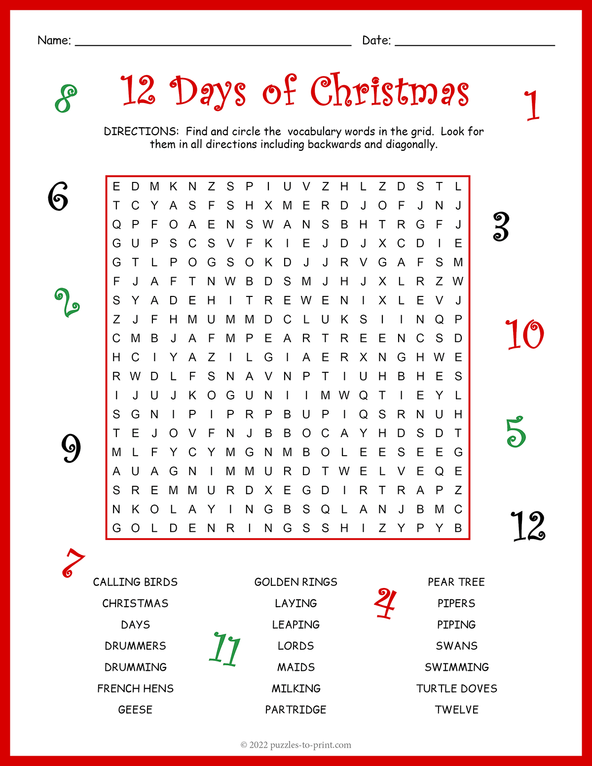 Twelve Days Of Christmas Word Search shtml