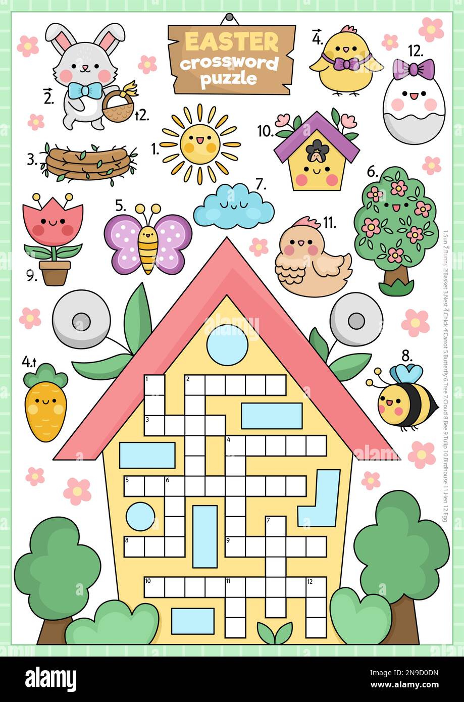 Vector Easter Country House Shaped Crossword Puzzle For Kids Spring Holiday Quiz For Children Educational Activity With Kawaii Symbols Cute Garden Image522128705